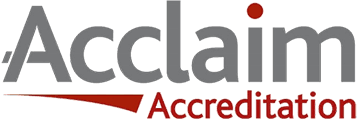 Acclaim Accreditation logo in grey and red